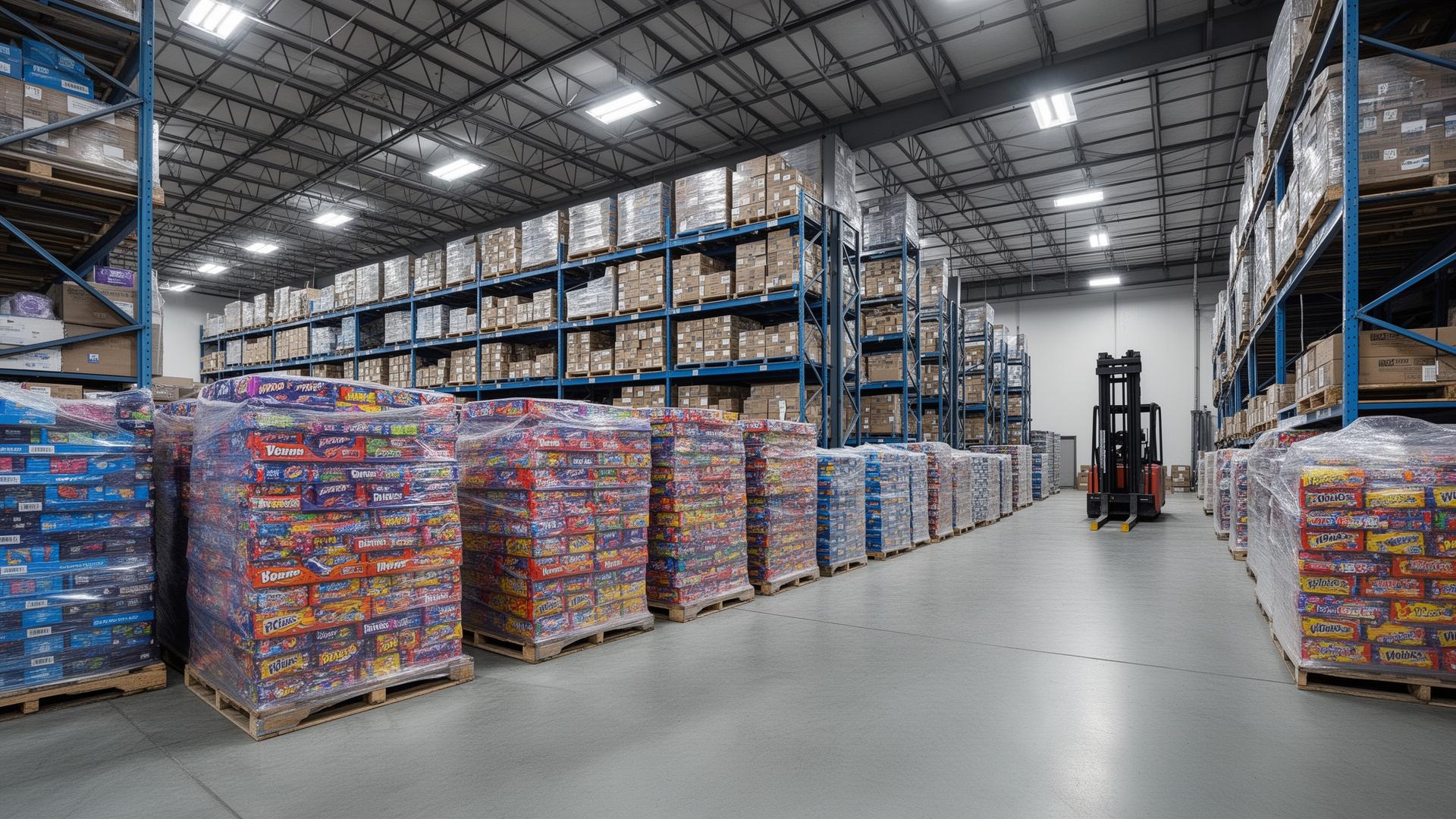 Wholesale candy distribution warehouse with pallets of inventory